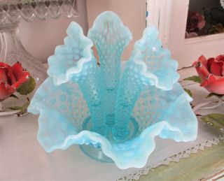 Vintage Fenton Blue Opalescent Hobnail Miniature Epergne Lily Horn Vase 3801