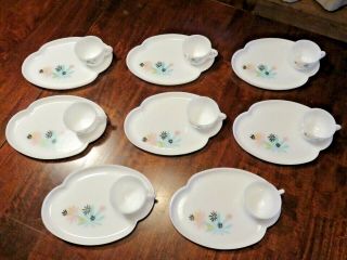 Set Of 8 Vintage Federal Glass Co.  Milk Glass Atomic Flower Leaf Trays & Cups