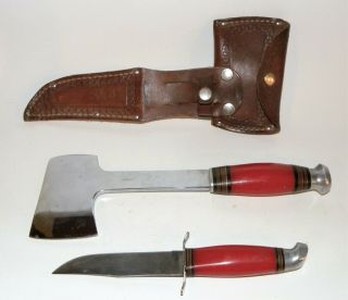 Vintage Ideal Knife With Hatchet Set And Belt Sheath