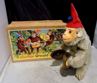 Vintage Tin Wind - Up Musical Monkey With Cymbals,  Max Carl,  West Germany.  Exib