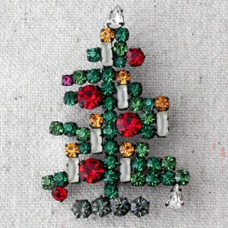 Vintage Austrian Rhinestone 6 Candle Christmas Tree Brooch Pin Weiss Style 2½ "
