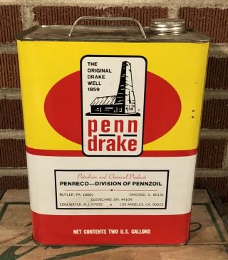Vtg 1970s Penn Drake Motor Oil 2 Gallon Oil Can Tin Penreco - Pennzoil Near