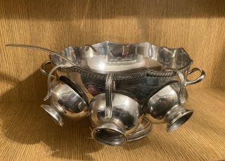 Antique Vintage Silver Plated Punch Bowl With Handles,  Six Epns Cups And Ladle