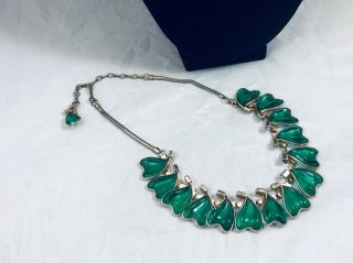 Vtg.  Barclay Green Cut Glass Leaves Gold Tone Choker Necklace