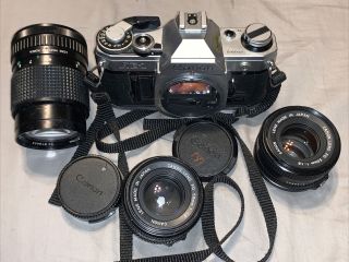 Vintage Canon Ae - 1 Slr Black Body Canon Fd 50mm 1.  8 & 135mm Lens