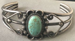 Vintage Sterling Silver 925 Turquoise Flower Cuff Bracelet