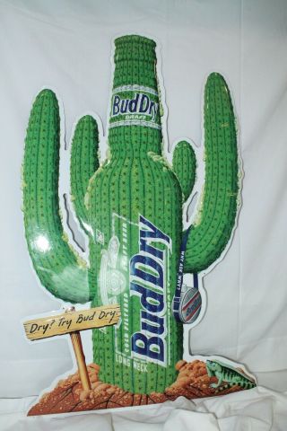 Vintage Bud Dry Draft Beer Cactus Metal Tin Sign " Dry? Try Bud Dry " Budweiser
