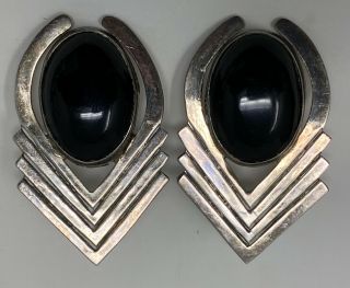 Vtg Mexican Mid Century Modern Sterling Silver Large Black Onyx Clip Earrings