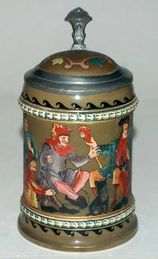 . 4 L Etched S.  P.  Gerz 1209 Stein " Medieval Courtly Scene " W Inlaid Lid