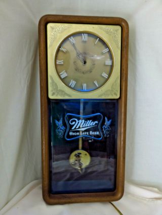Vtg 1982 Miller High Life Pendulum Beer Wall Clock - And
