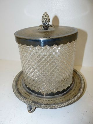 Antique Engraved Cut Glass Crystal Silver Plated Jar Barrel 23rd April 1875 D11