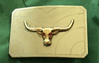 Vtg Ricardo Silver Longhorn Bull Steer Ruby Eye Cowboy Western Texas Belt Buckle