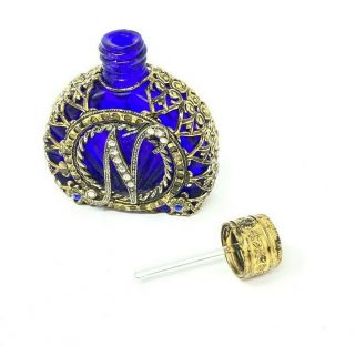 Vintage Czech Blue Perfume Bottle Gold Filigree,  Glass Rod,  Letter N Monogram