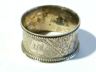 1890 Antique Solid Silver Napkin Ring With Floral Design And Alm Initials