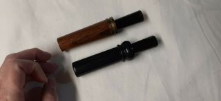 2 Vintage Duck Fowl Bird Calls one P.  S.  Olt D - 2 and one wood Cabela ' s unmarked 2
