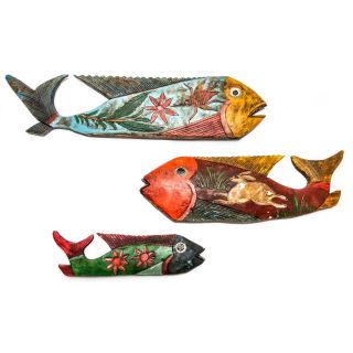 Set Of 3 Vintage Rustic Folk Art Hand Carved & Painted Wood Fish 25 " 20 " 14 "