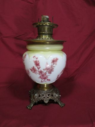 Vintage Gwtw Lamp Base - Red Flowers On A White Background With Yellow Trim
