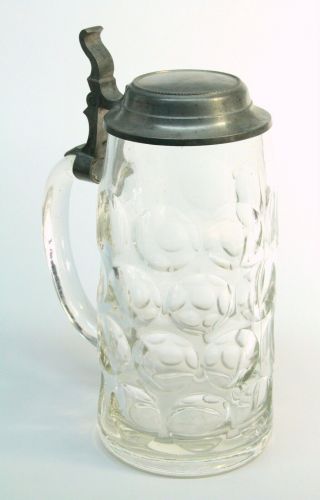 Antique German Sachsenglas Pressed Glass Pewter Lidded Beer Stein 1 - Liter