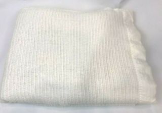 Vintage Off White Waffle Weave Acrylic Blanket Nylon Satin Trim 71 X 91 Soft