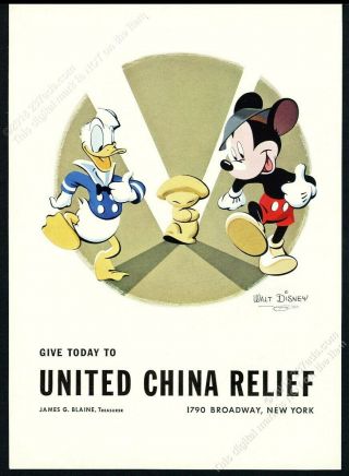1942 Walt Disney Donald Duck Mickey Mouse Art China Relief Wwii Vintage Print Ad