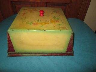 1930s 40s Vintage Square Metal Bread Or Cake Keeper Cover Dome,  Wood Plate