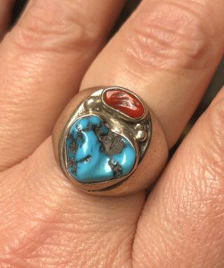 Vintage Old Pawn Navajo Turquoise Coral & Sterling Silver Ring Size 9 Signed Da