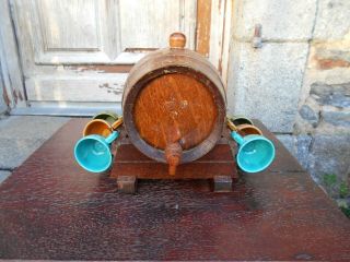Vintage French Small Oak Barrel With Tap Stopper Stand And Cups