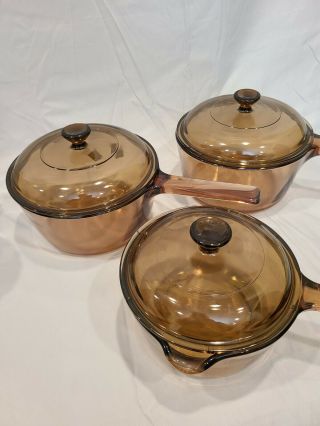 Vintage Corning Ware Vision 6 Piece Pots & Lids Pan Cookware Amber Glass Pyrex L