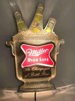 Vintage Miller High Life Light Up Ice Bucket 3 Bottle Bucket Beer Sign Bar 16x11