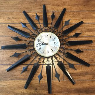 Vintage Welby Mid Century Modern Black Wrought Iron Atomic Starburst Wall Clock