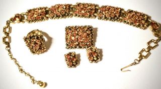 Vtg Barclay Golden Amber Topaz Rhinestone Panure Ring Necklace Brooch Earrings