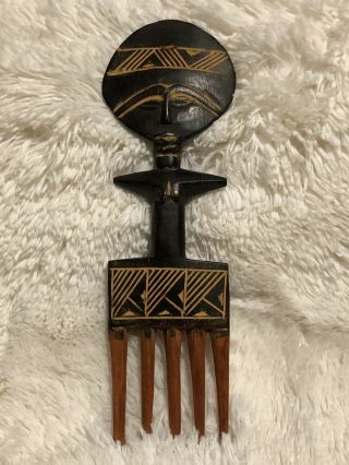 Vintage African Hair Comb Statue Carved Wood Female Ashanti Tribe Figures