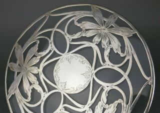 Antique Art Nouveau Sterling Silver Overlay Glass Trivet Coaster