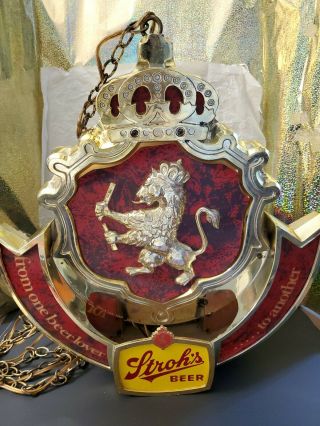 Vintage Strohs Beer Crown Double Sided Hanging & Spin Light Sign Gold Lion