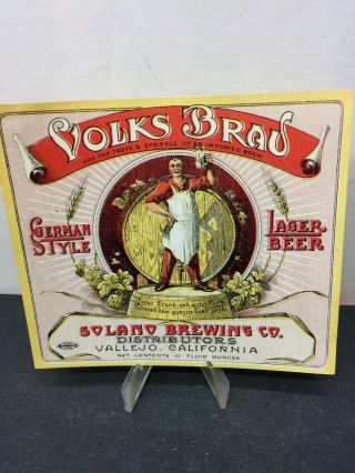 Volks Brau Pre - Prohibition Beer Label Solano Brewing Company Vallejo,  California