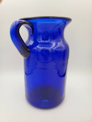 Old Cobalt Blue Glassware Glass Pitcher With Handle 8.  5  T