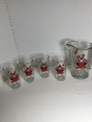 Rare Red Dog Glass Beer Pitcher & 4 Glasses Bar Set Paws U.  R Your Own Dog 1995