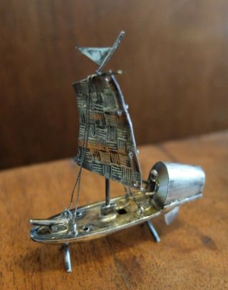 Antique Miniature Signed Asian Sterling Silver Junk Boat Wire Ropes Rudder Sails 2