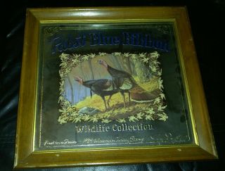 Vintage 1989 Pabst Blue Ribbon Beer Wildlife Turkey Bar Mirror Sign Bottle Wi