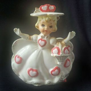 Vintage Relpo Figural Valentine Lady Planter Hearts Basket Head Vase 1960 