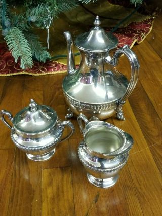 Vintage Lehman Brothers Silver Plate On Copper Tea Pot,  Sugar,  Creamer Set Of 3