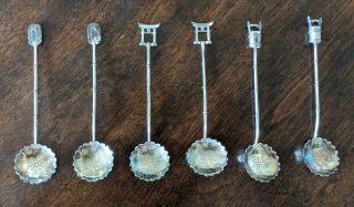 (6) Antique Japanese Style 925 Sterling Silver Spoons Gate,  Sandals & Bucket