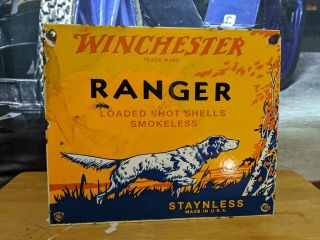Old Vintage Dated 1953 Winchester Ranger Staynless Porcelain Gun Sign Remington