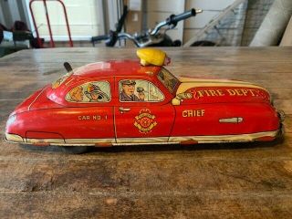 Vintage 1950s 11 " Marx Red Friction Fire Chief Car.  Looks Great.  Runs
