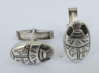 Vintage Egyptian Sterling Silver Scarab Beetle Cufflinks Revival