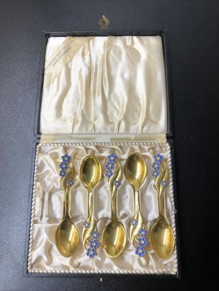 Vintage Meka Denmark Spoons Demitasse Flower Set Of 5 Sterling Silver Enameled
