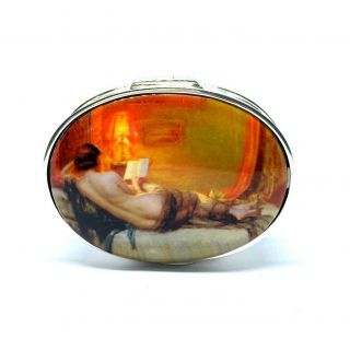 Victorian Style Enamel Erotic Laying Woman Pill Snuff Box 925 Sterling Silver