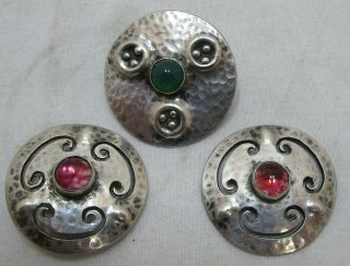 3 Antique Arts & Crafts Silver & Gem Set Buttons,  C1900,  17 Grams