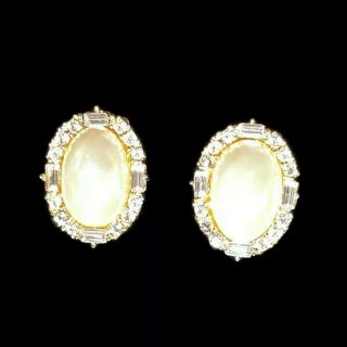 Vintage Christian Dior Faux Pearl Rhinestones Clip On Earrings Gold Tone