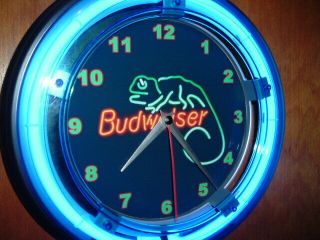 ^budweiser Bud Lizard Beer Bar Advertising Man Cave Neon Clock Sign